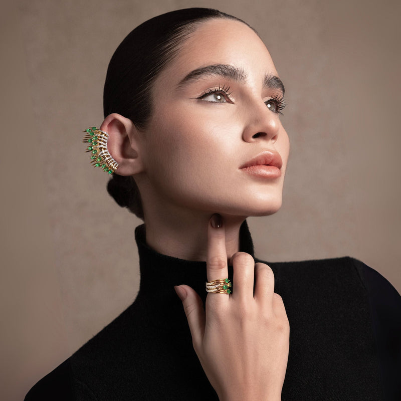 Model wearing Peacock Collection from Josette Léon High Jewelry