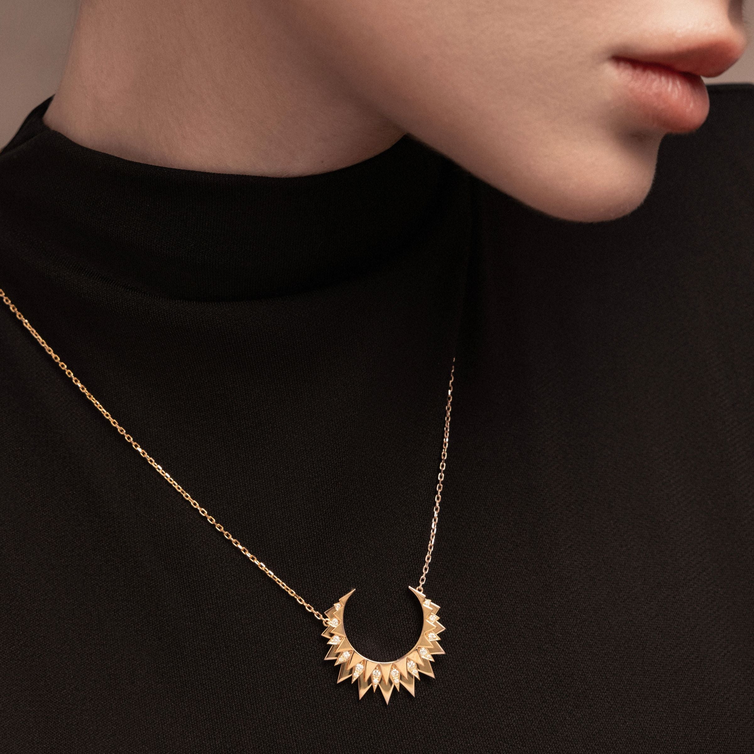 Model wearing Moon Necklace-handcrafted high jewelry - gold and diamonds