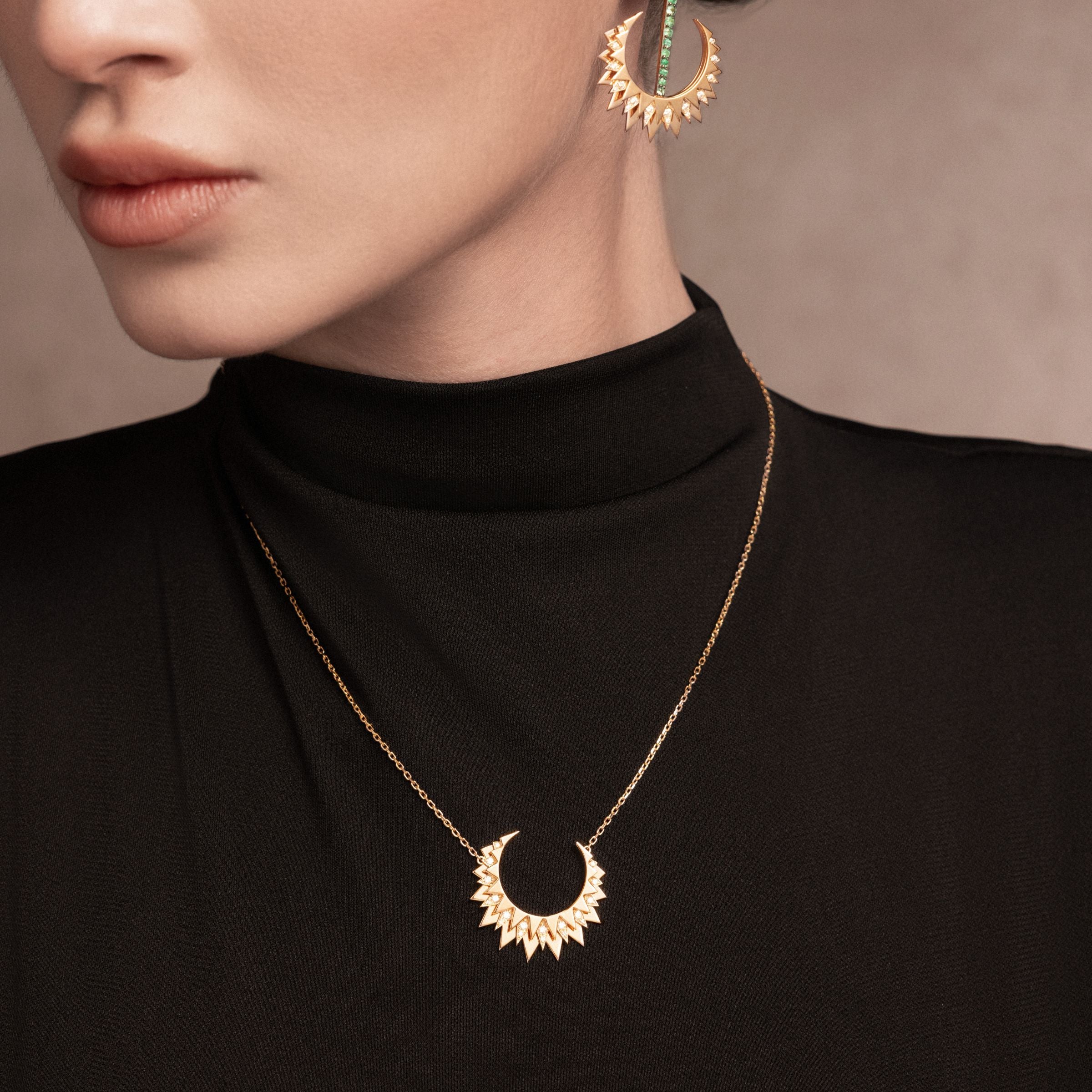 Model wearing Moon Necklace-handcrafted high jewelry - gold and diamonds