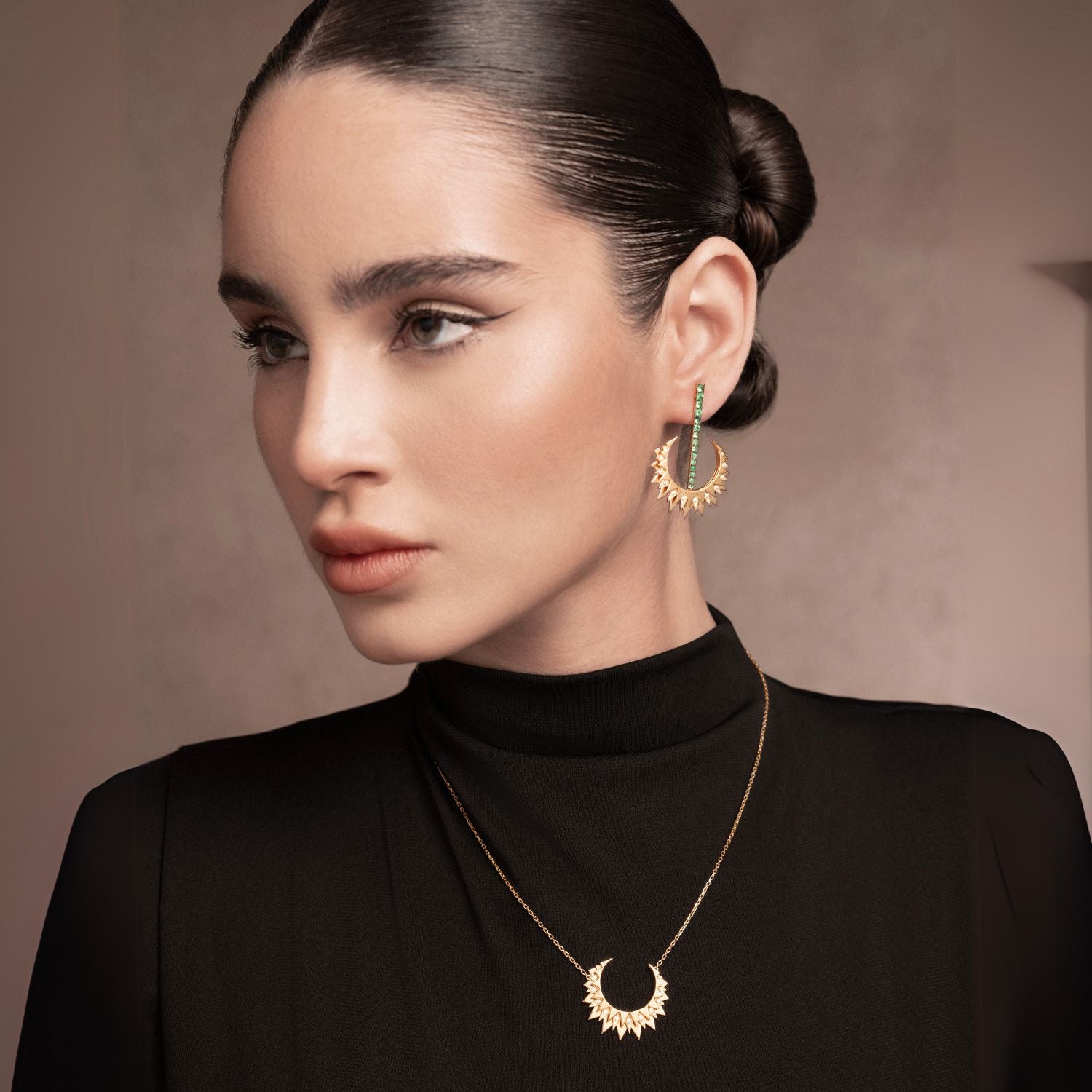 Model wearing Over the Moon handcrafted jewelry - gold and diamonds - Josette Leon