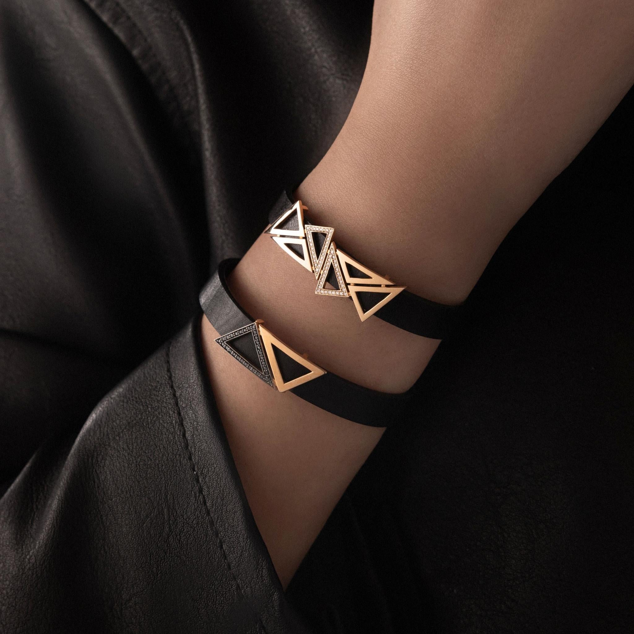Model wearing Handcrafted Trilliance Leather Bracelet for Men-high jewelry in gold and diamonds