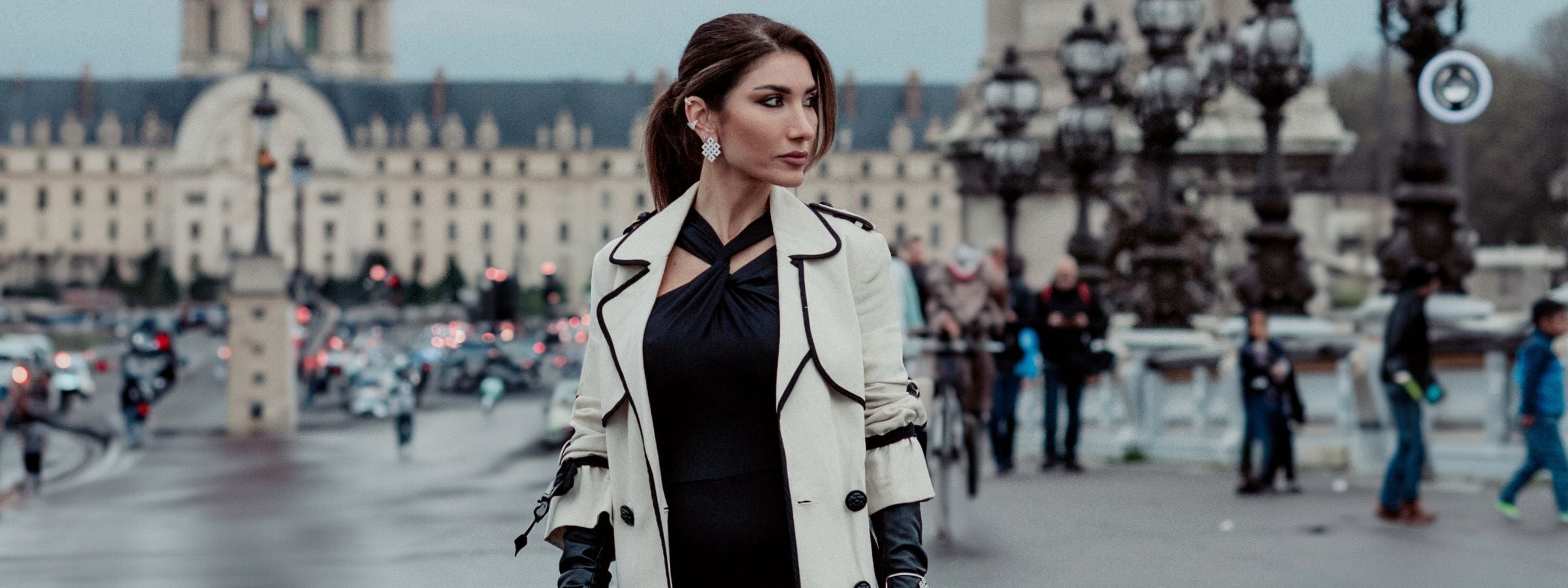 Josette Leon posing wearing handcrafted jewelry in Paris