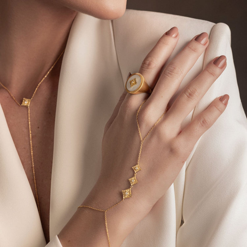 Model wearing Stellar handcrafted jewelry in gold and diamonds -Josette Leon