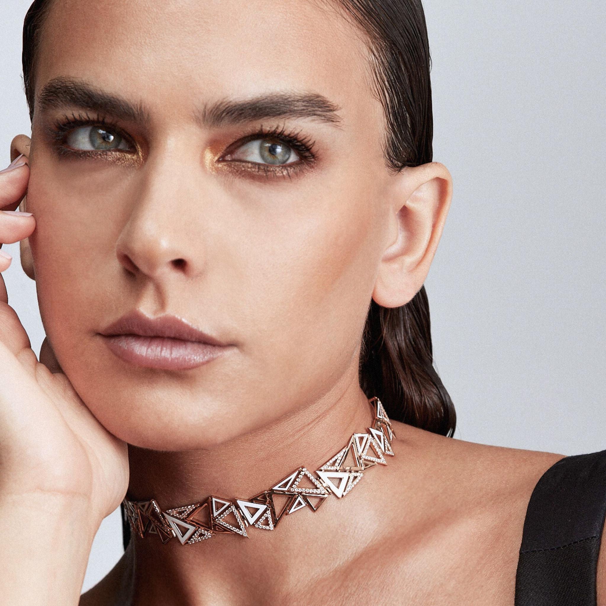 Model wearing Handcrafted Trilliance Choker-high jewelry in gold and diamonds