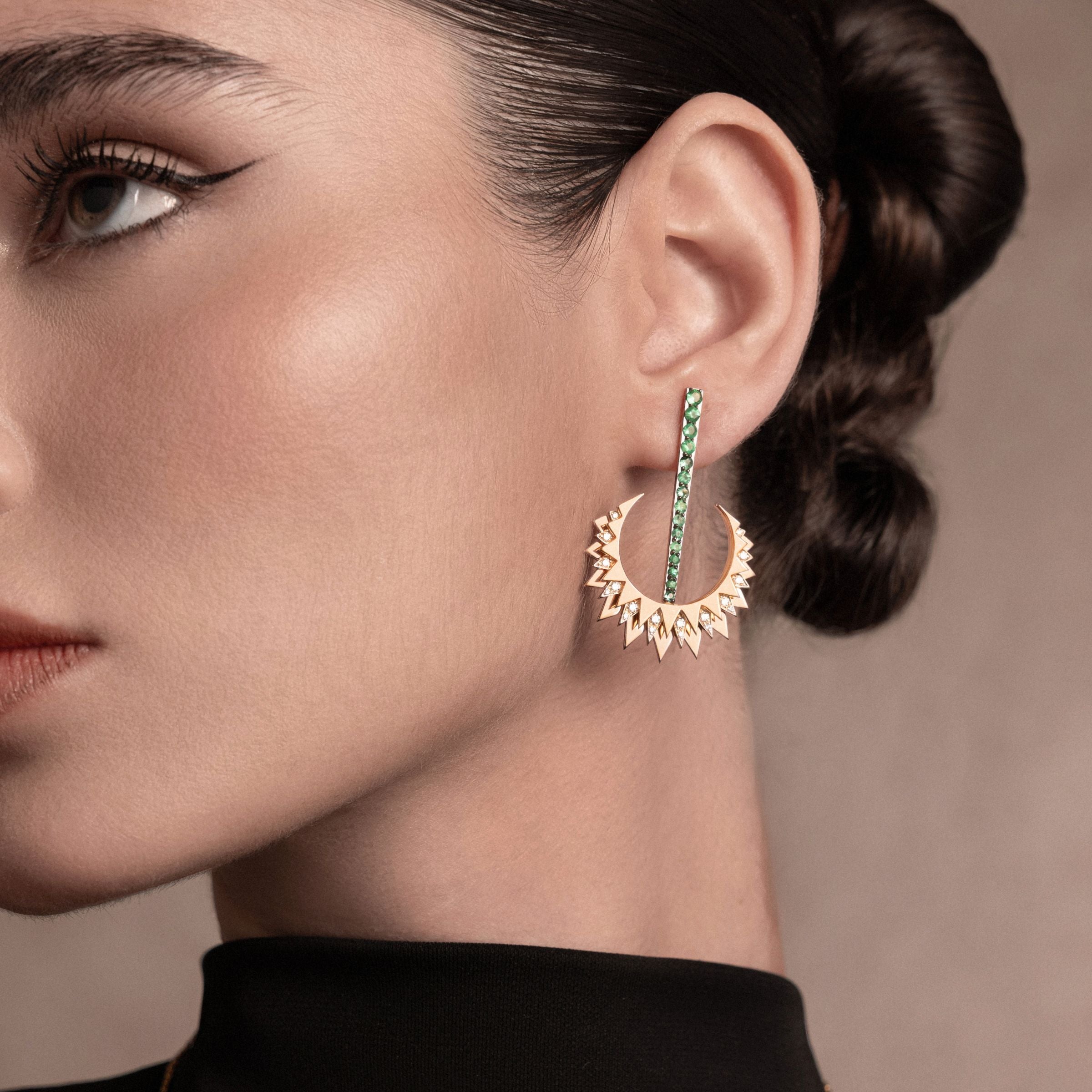 Model wearing Lunar Earring-handcrafted high jewelry - gold and diamonds